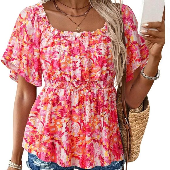 Women's Summer Off The Shoulder Short Sleeve Chiffon Blouse Ruffle Hem Tops - Picture 2 of 6